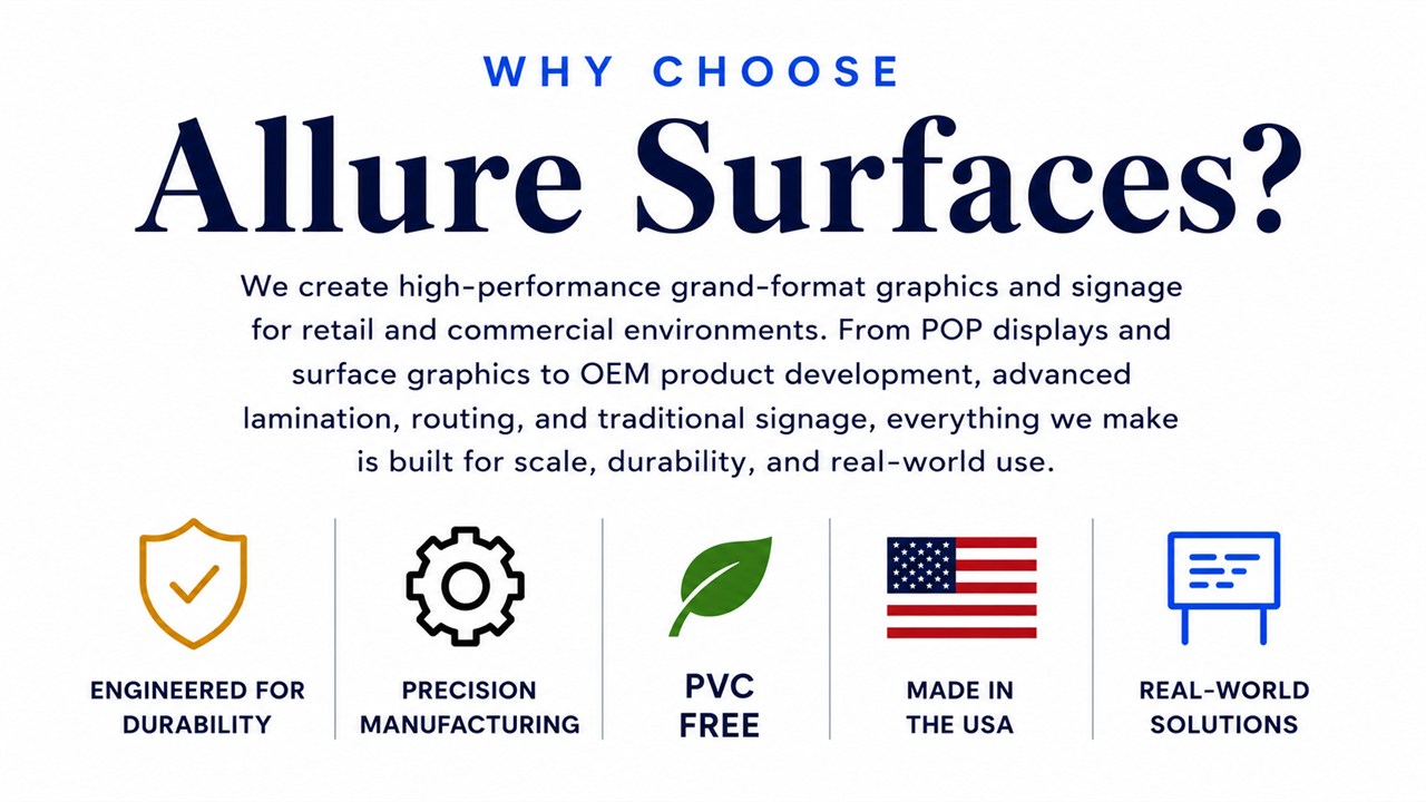 Why Choose Allure Surfaces infographic highlighting durability, precision manufacturing, PVC-free products, products made in the USA, and real-world solutions